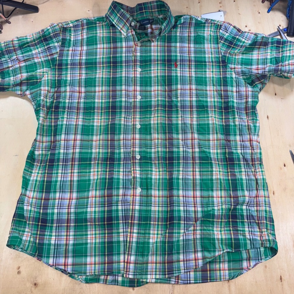 Polo Ralph Lauren Mens XL Custom Fit Green Plaid Short Sleeve Button Down Shirt